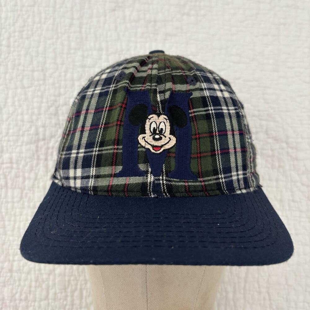 Vintage Disney Hat Cap Snap Back Blue Plaid Mickey Mouse Made in USA Mens